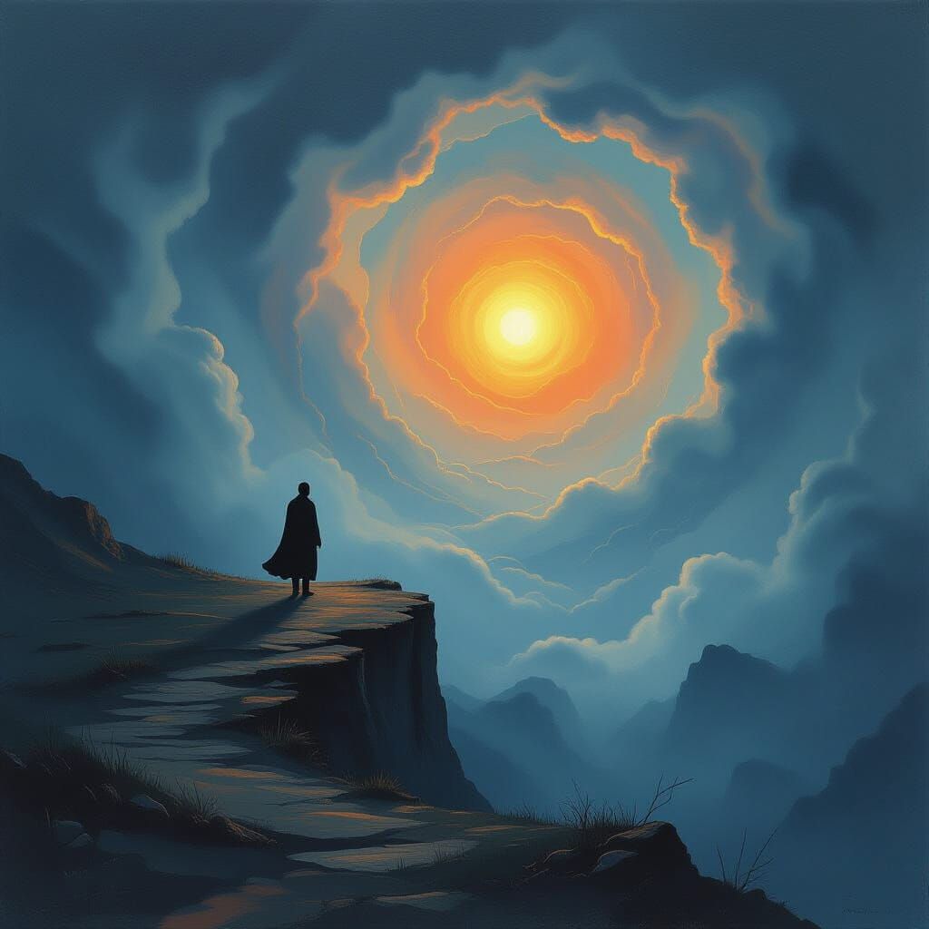 Solitary Figure Ignites Path Through Storm Surrealist Oil Pa...