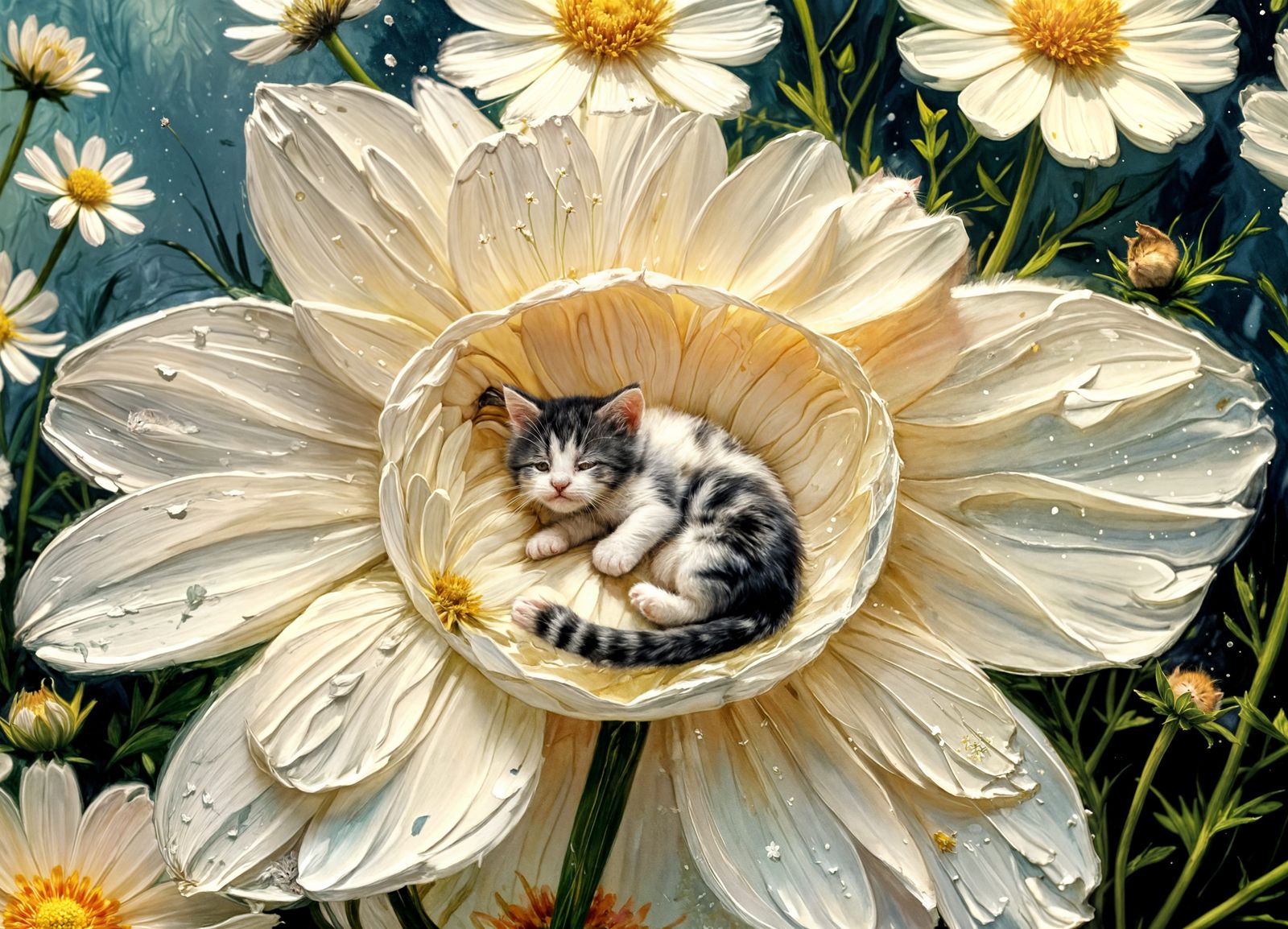 Kitten Sleeps on Cosmos Flower as Gouache Painting