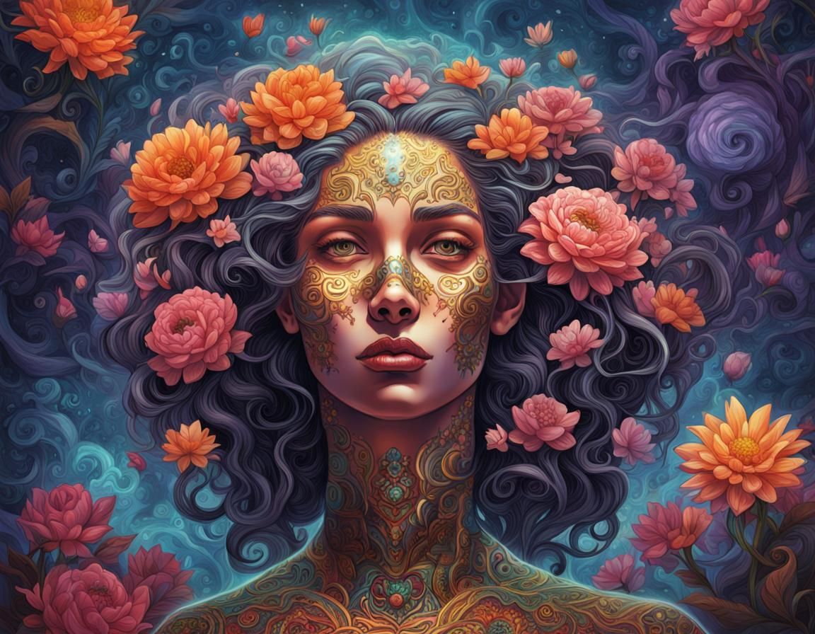 Woman with Flowers: Cosmic Holographic Illustration