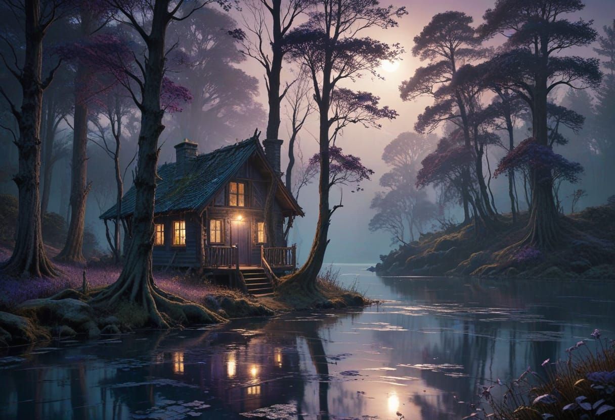 Dreamy Cabin Scene in Nocturnal Lake Setting