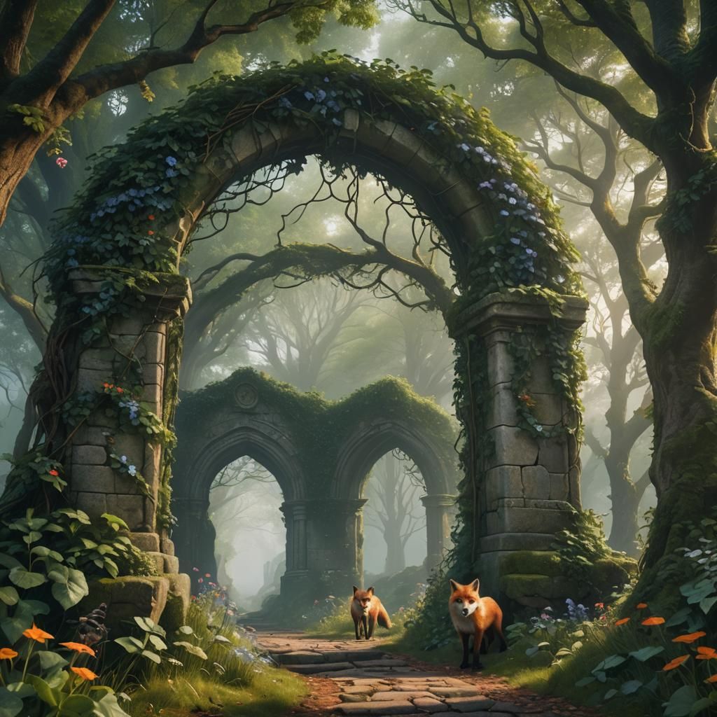 Misty Forest Archway with Fox, Fantasy Art