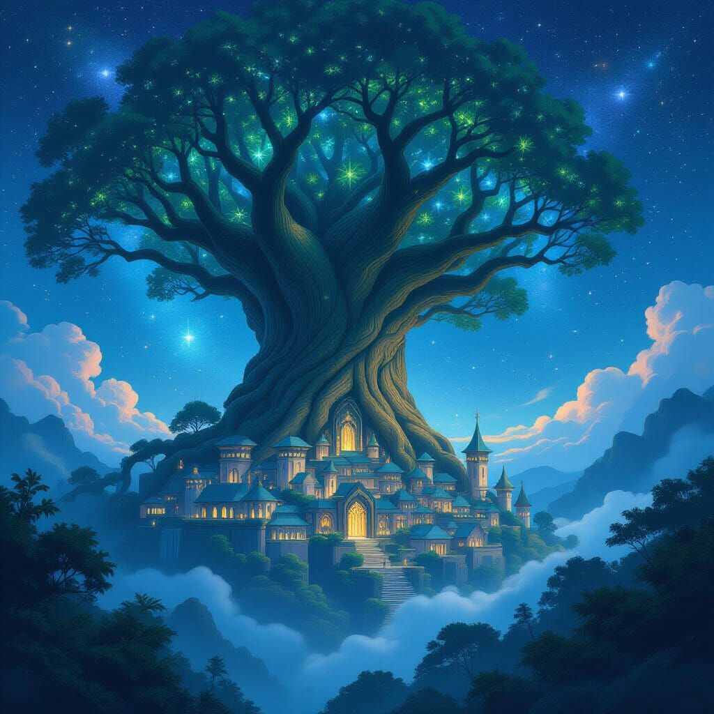 Hidden Elven City Under Alien Skies: Ghibli Style