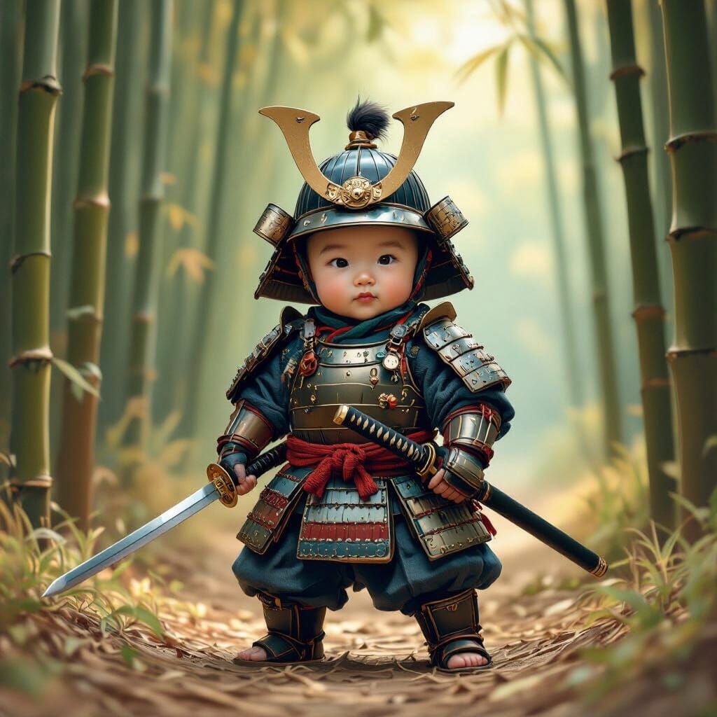 Baby Samurai Warrior in Bamboo Forest, Art Illustration