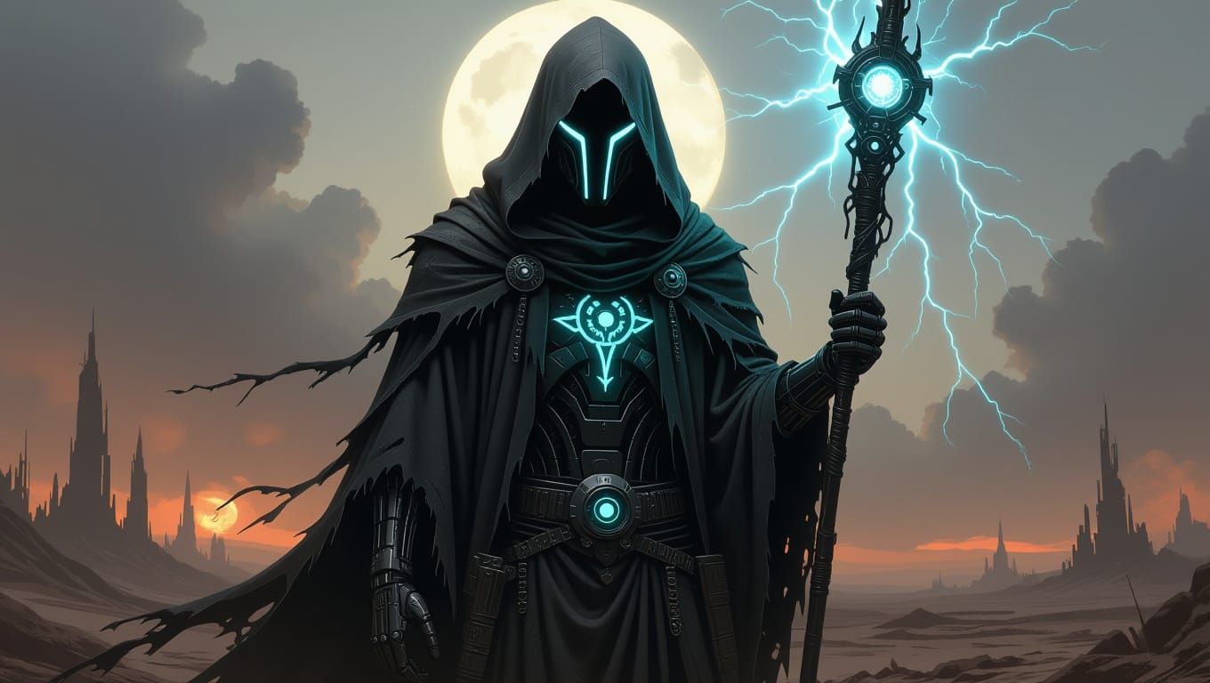 Hooded Cyborg in Wasteland: Dark Fantasy Art