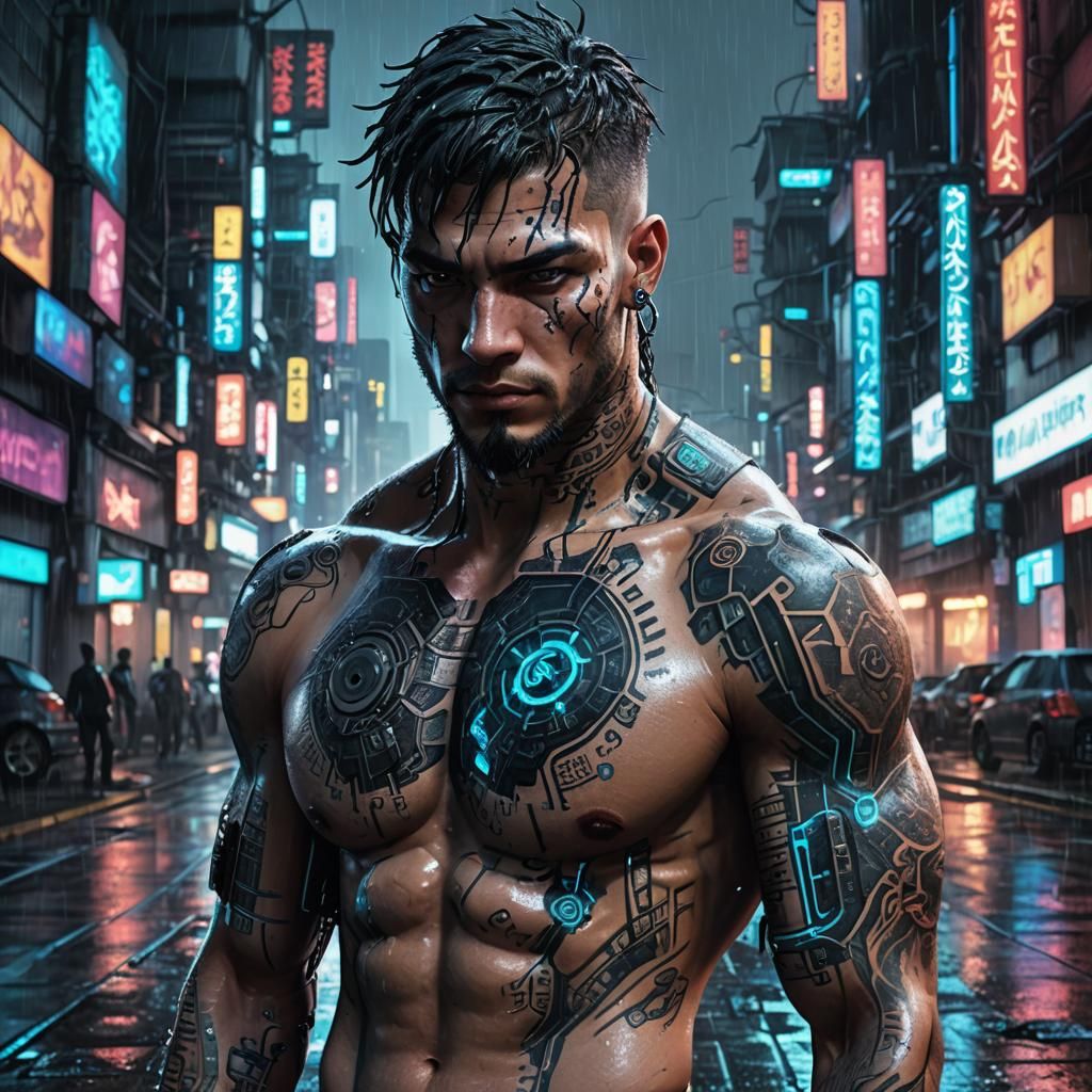 Cyberpunk Portrait in Rainy Cityscape, Anime-Inspired