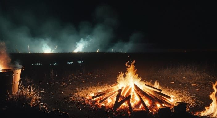 Epic Bonfire Ignites in Sooty Tank, Cinematic Film Still