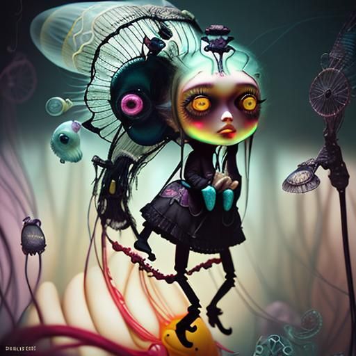 Surreal Doll with Neon Headdress, Pop Surrealism