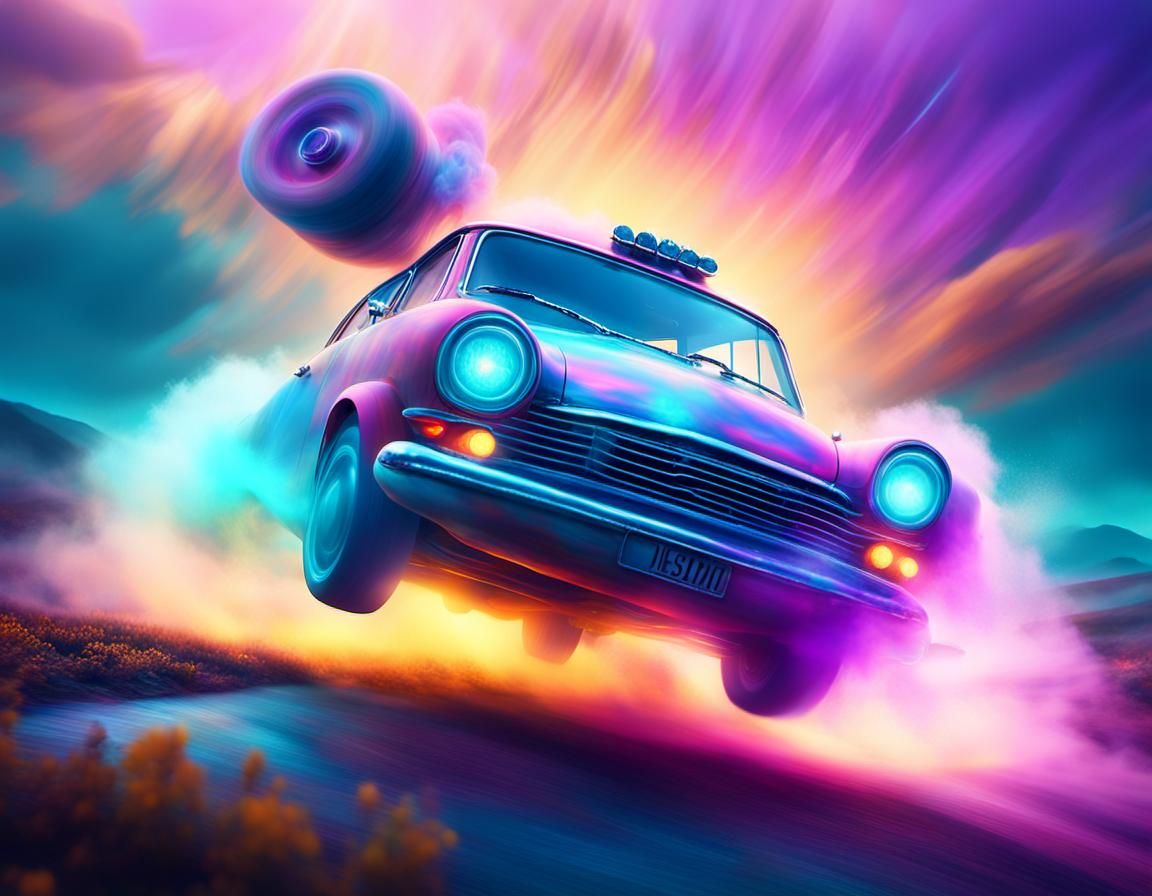 Dreamlike Car in Mystical Landscape, Surreal Digital Art