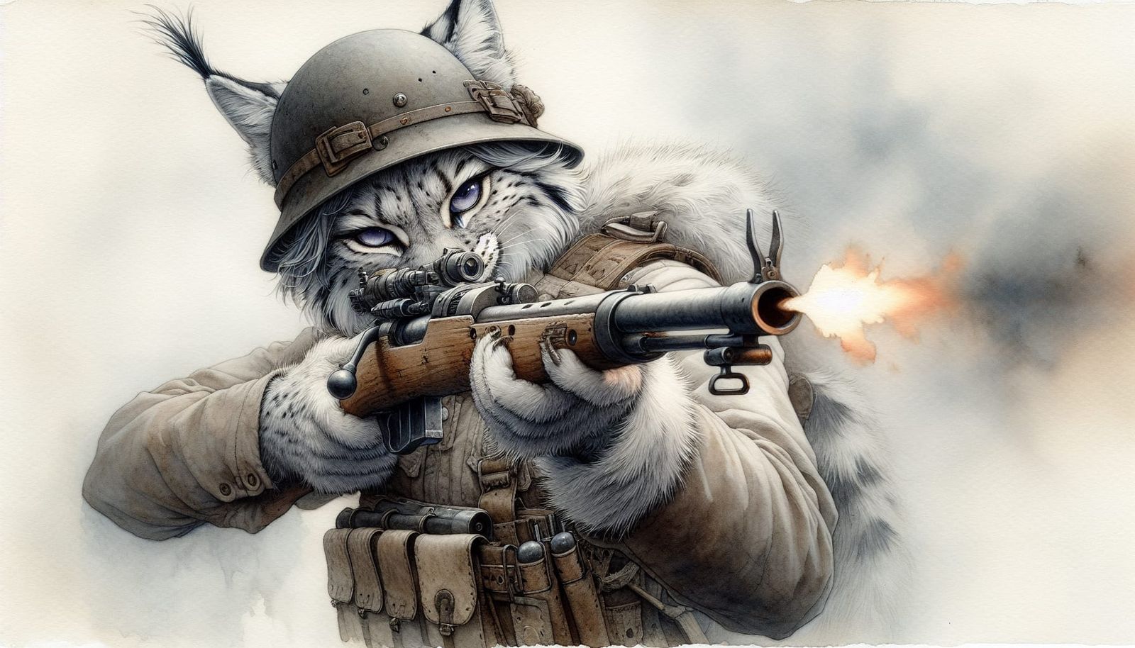 Anthropomorphic Lynx Fires Rifle in Watercolour Art