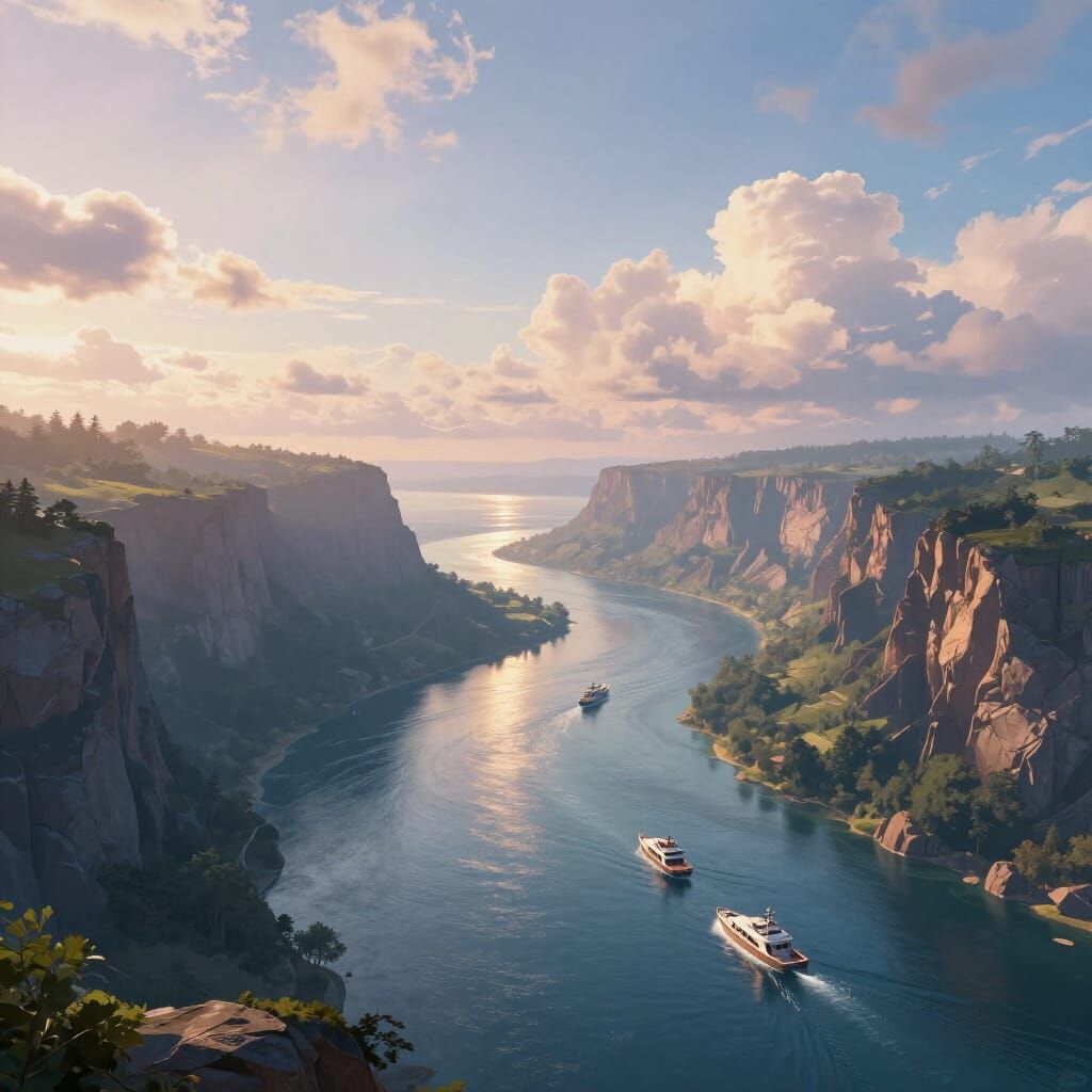 Tranquil Morning Landscape with Cliffs and Yachts