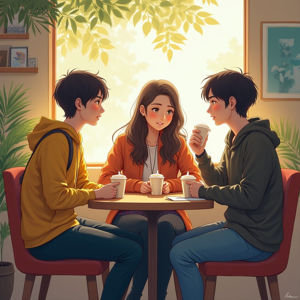 Students Chatting Over Coffee: Digital Illustration