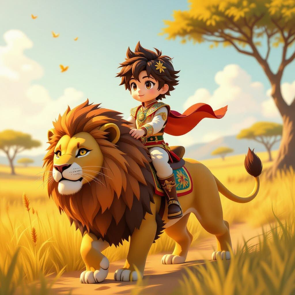 Adorable Boy Rides Majestic Lion in 3D Anime Style