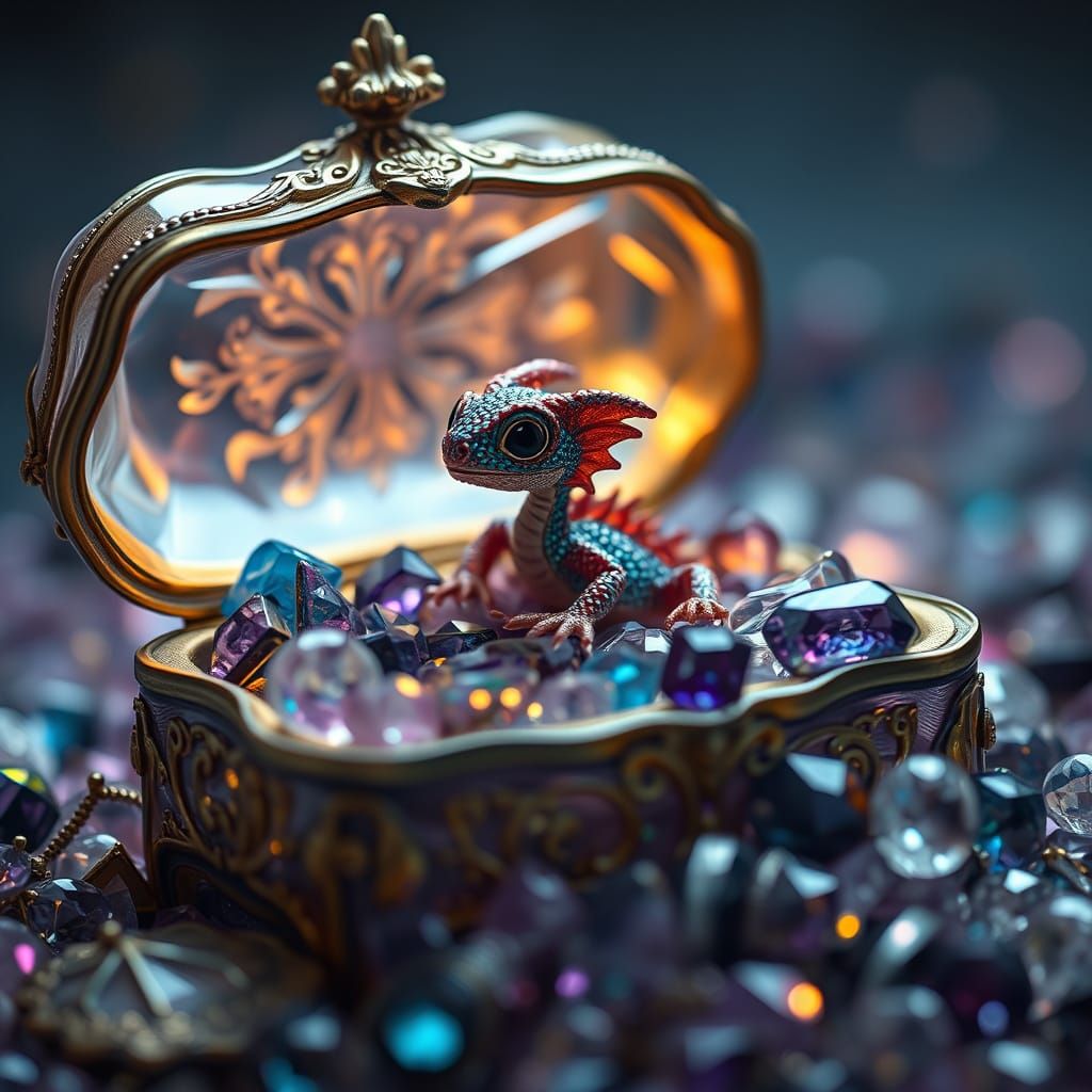 Miniature Dragon Amidst Glittering Glass Treasure