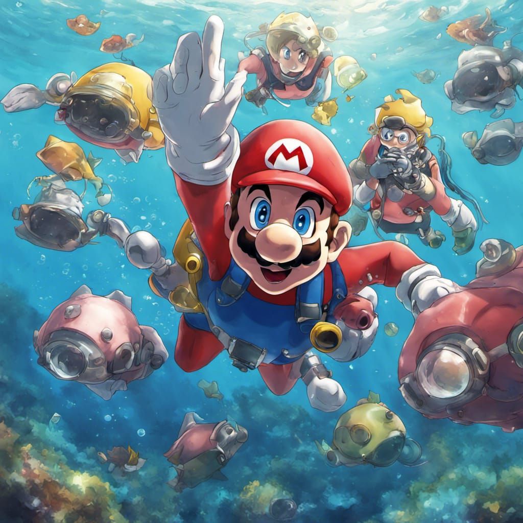 Mario Scuba Diving in Anime Style