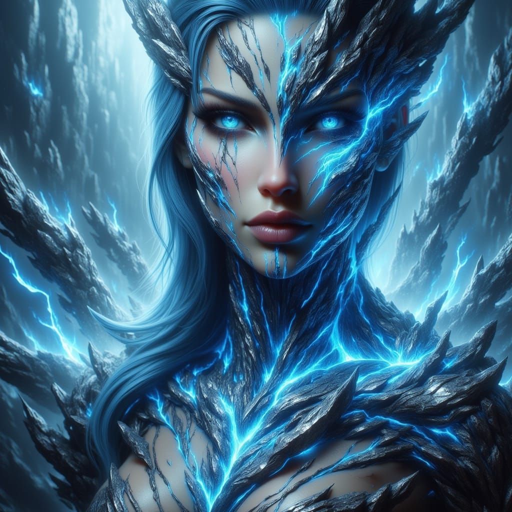 Blue Elf Warrior in Fantasy Landscape