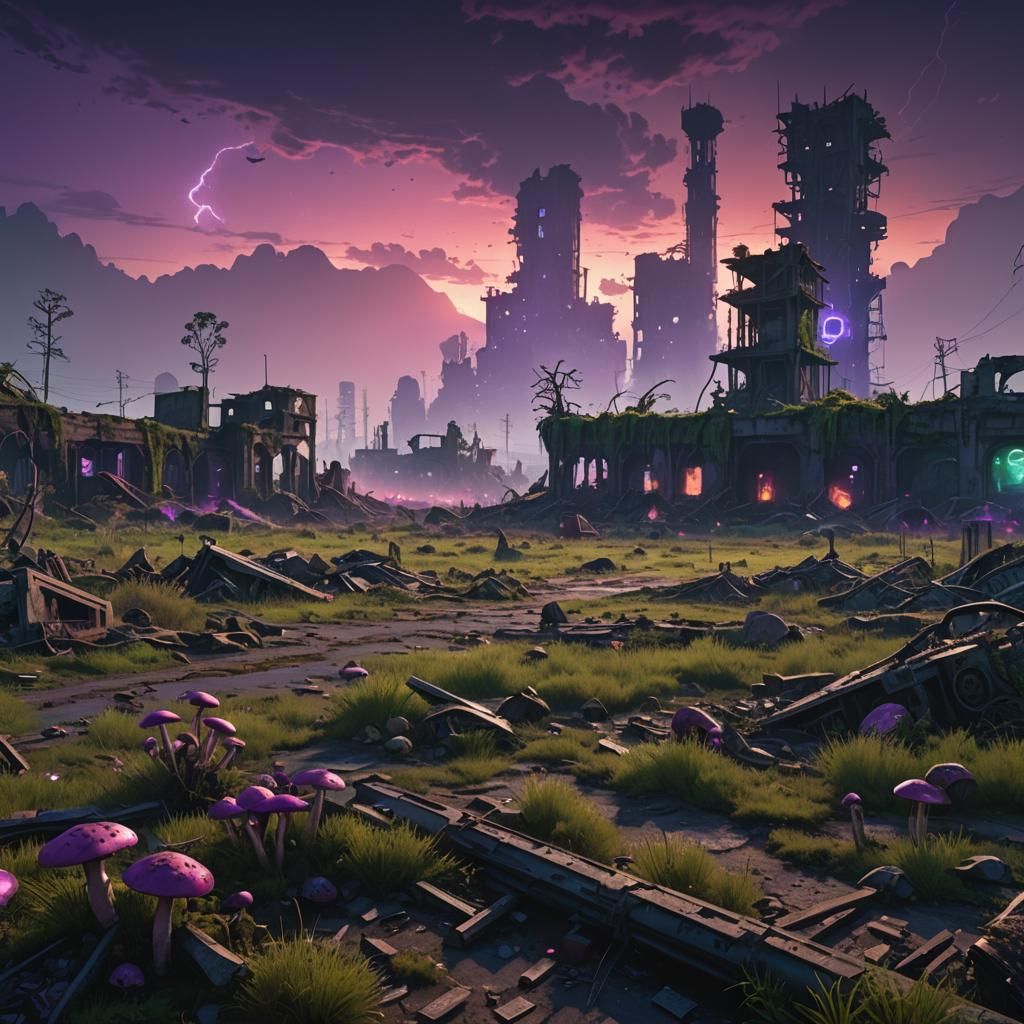 Post-Apocalyptic Landscape with Glowing Ruins