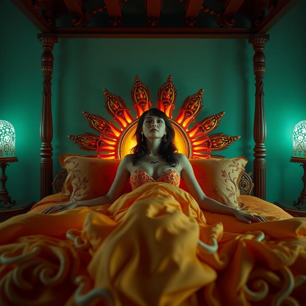 Surreal Celestial Bed with Mushroom, Elaborate Digital Art