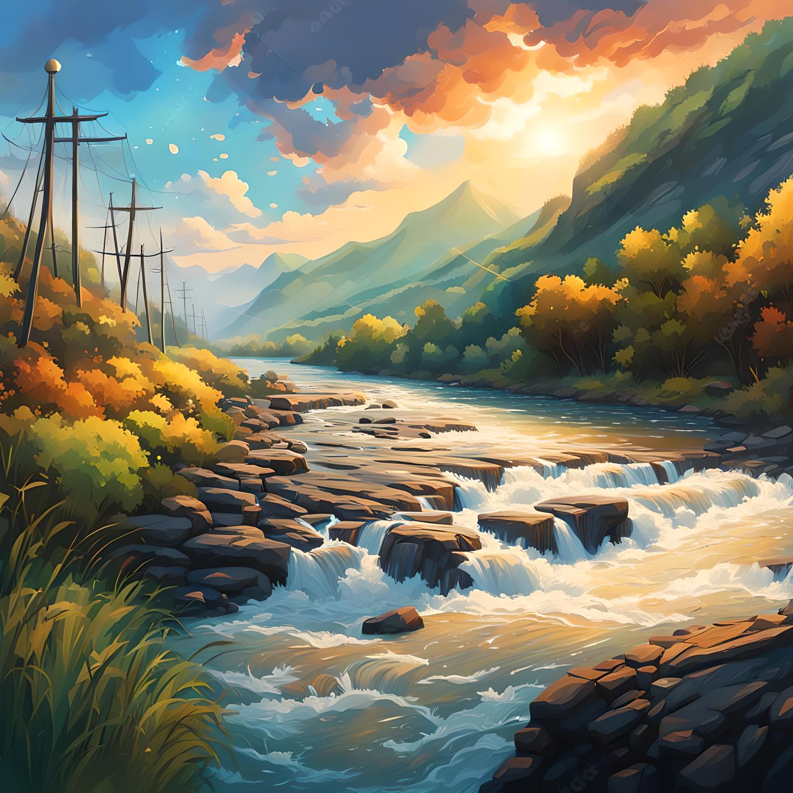 Hyperrealistic River Scenic View Splash Art