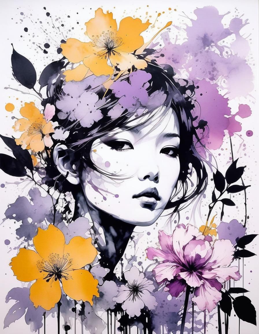Intricate Ink Splashes of Pink and Lilac Botanicals