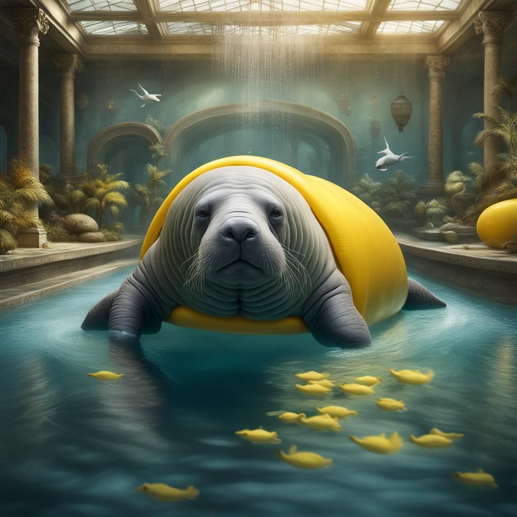 Calico Manatee on Duck Float: Digital Matte Painting