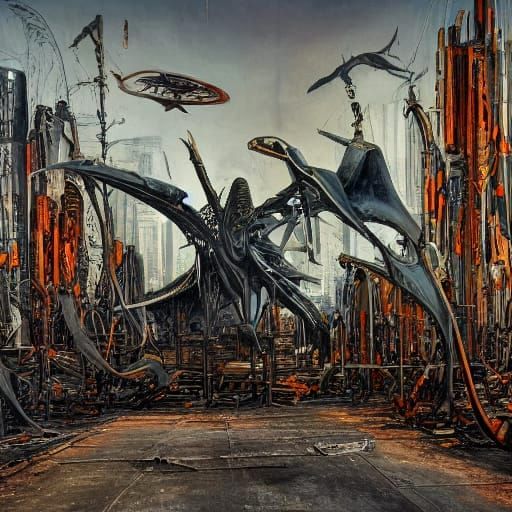 Biomechanical Pteranodon Skull in Smog-Filled Cityscape