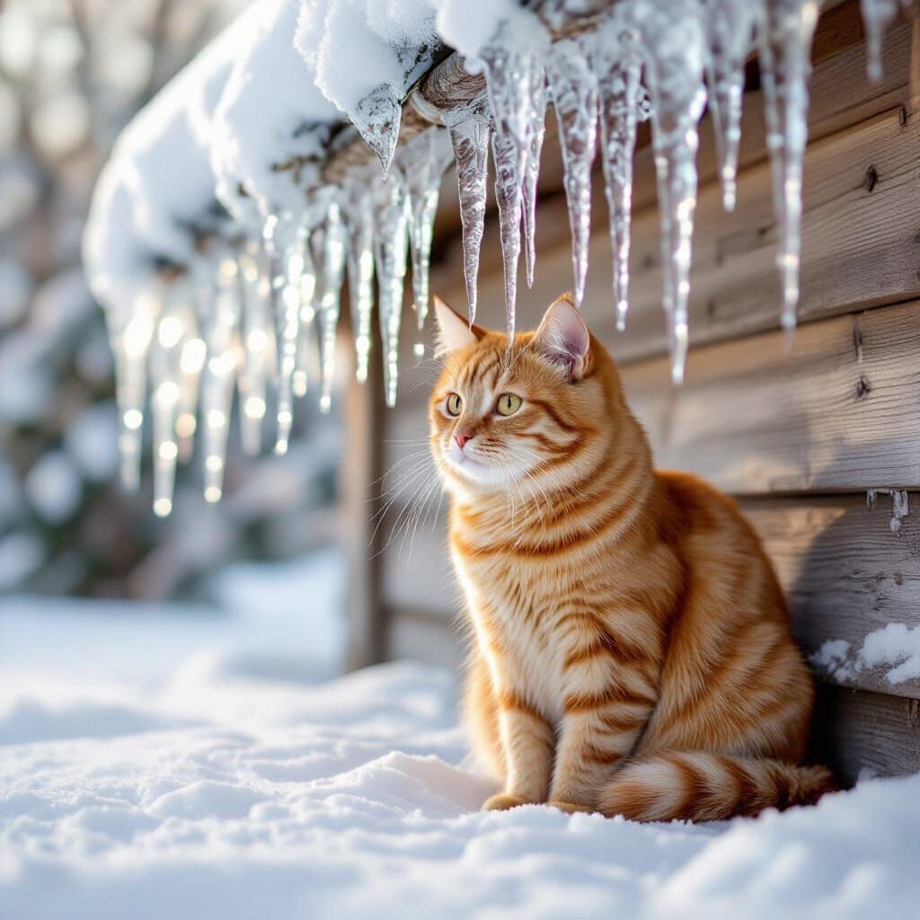 Ginger Cat Sits Beneath Shimmering Icicles in Winter Light