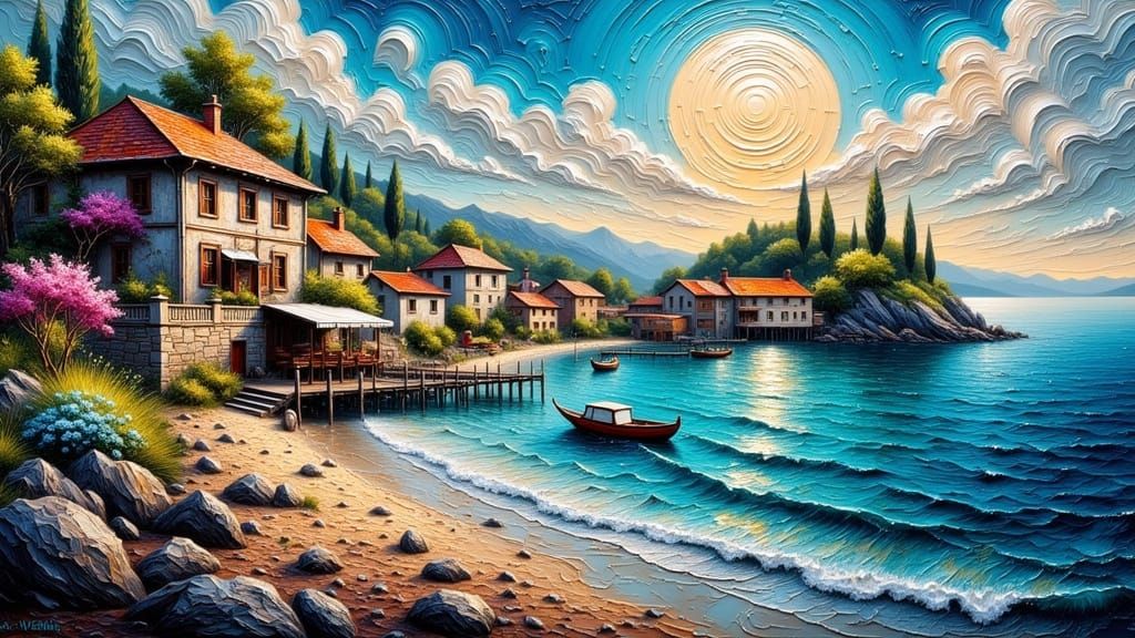 Charming Coastal Townscape in Thick Impasto Oil Painting Sty...