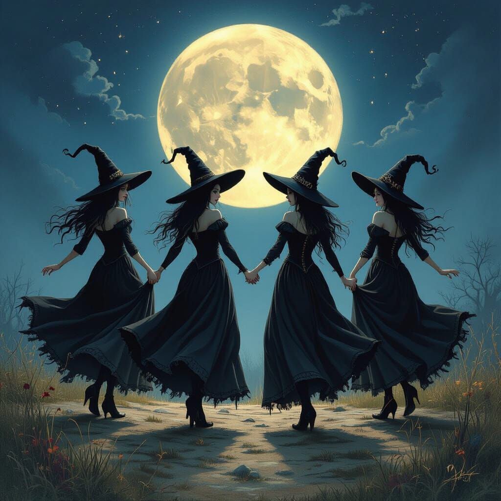 Witches Waltzing Under the Moon in Burtonesque Style