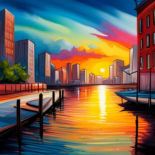 Colorful Sunset Bay in Graffiti Splash Art Style