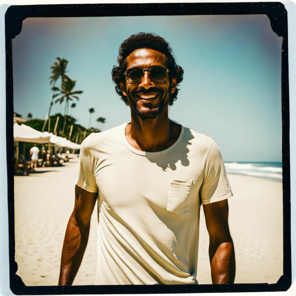 Smiling Brazilian Man on Beach: Vintage Polaroid
