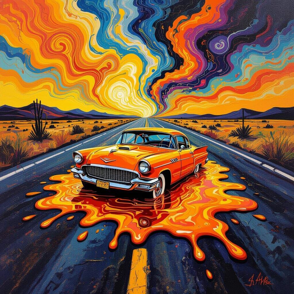 Surreal Car Melting on Hot Road, Abstract Art