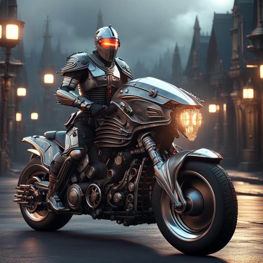 A gothic knight rider riding his cyborg steampunk gothic futuristic classic motorcycle