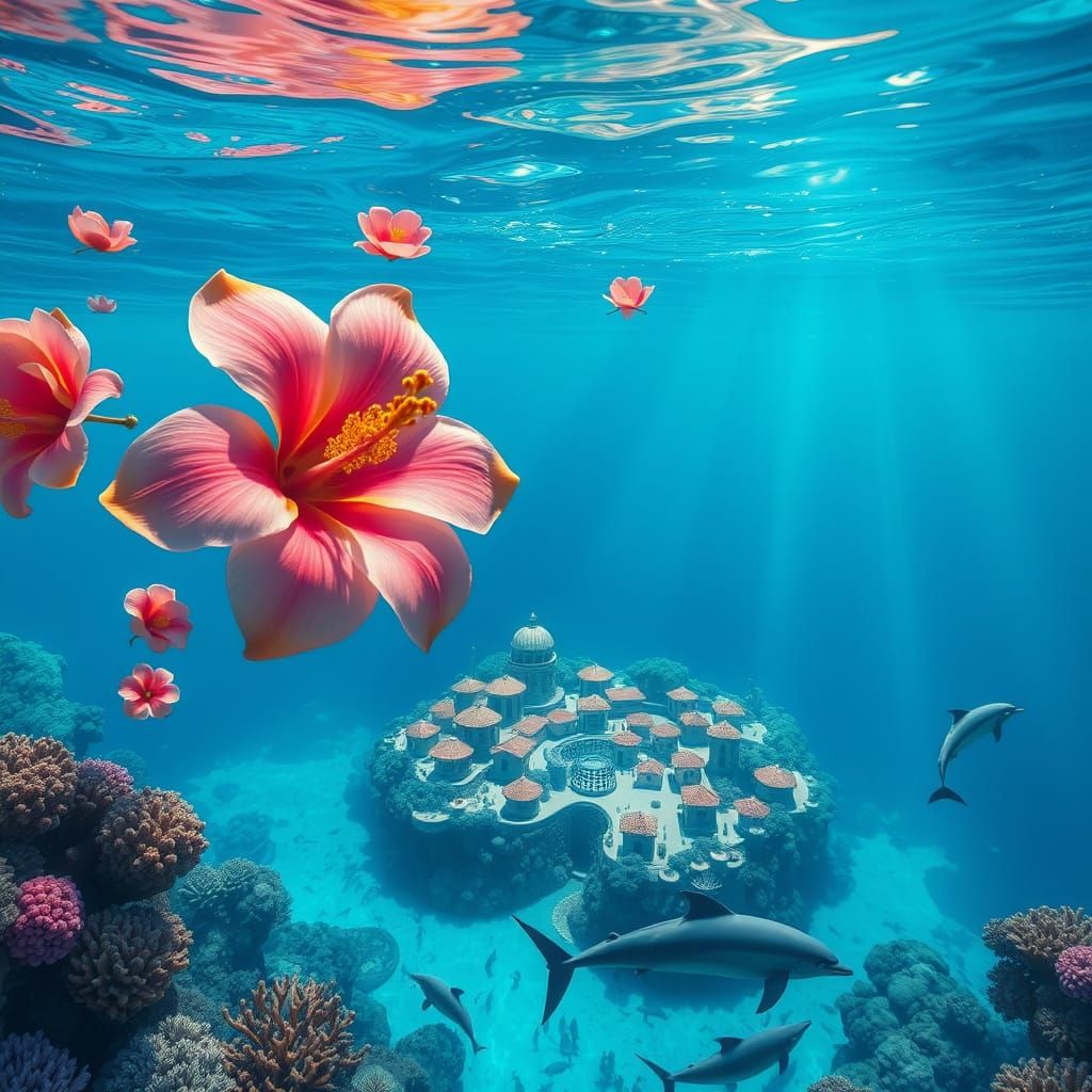 Vibrant Lotus Blooms in Turquoise Waters, a Submerged City T...