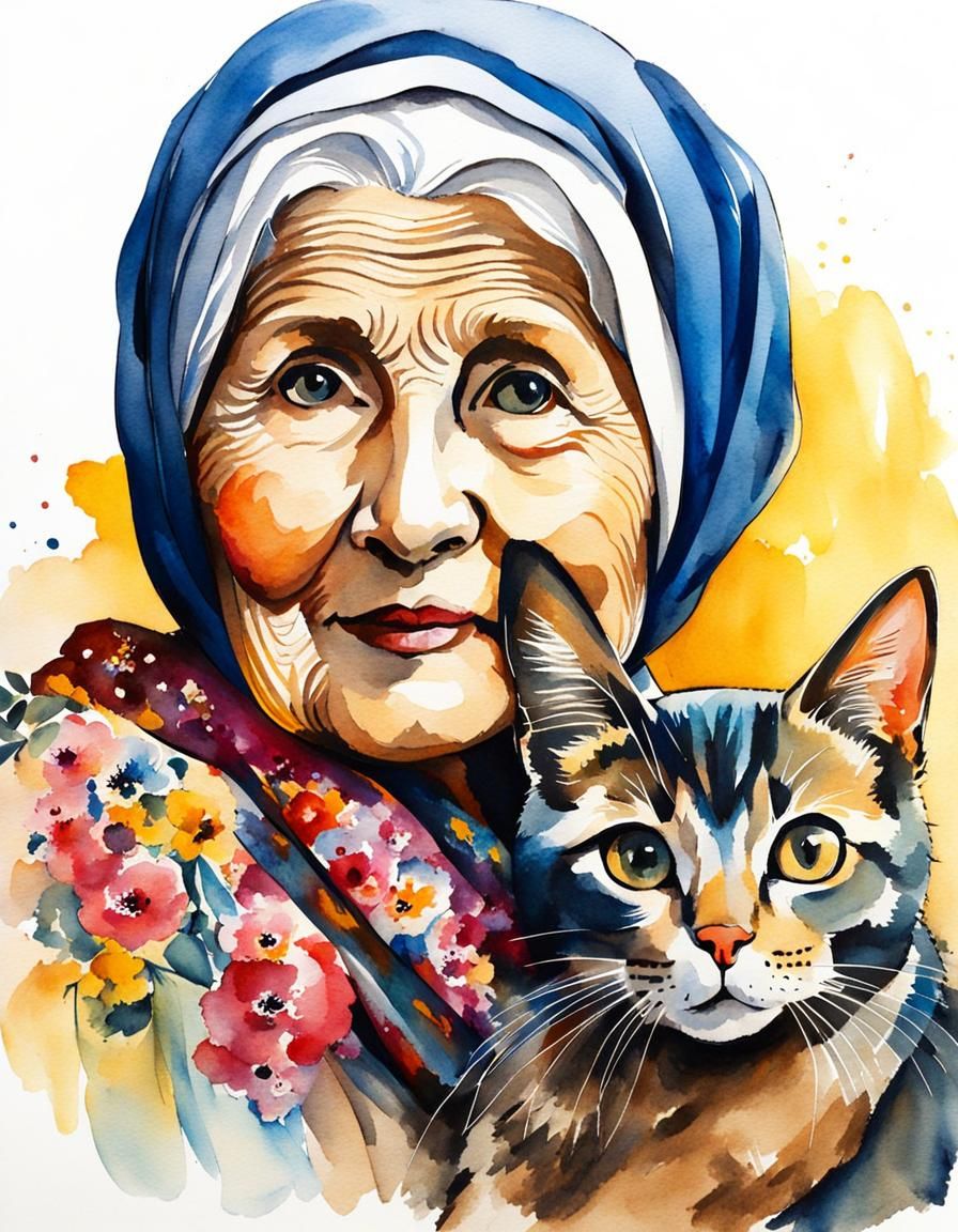 Charming Ukrainian Babushka and Cat Portrait