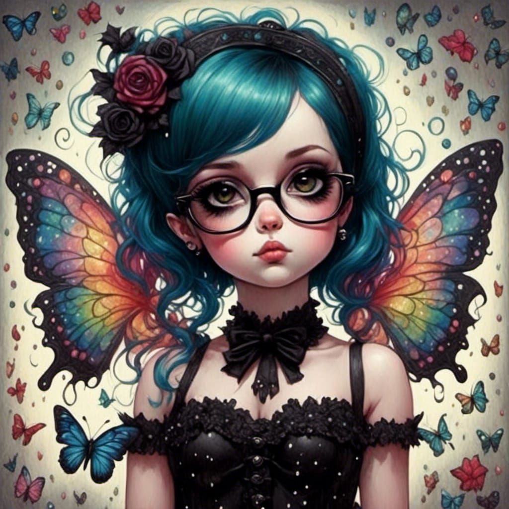 Goth Anime Fairy with Rainbow Butterfly Wings