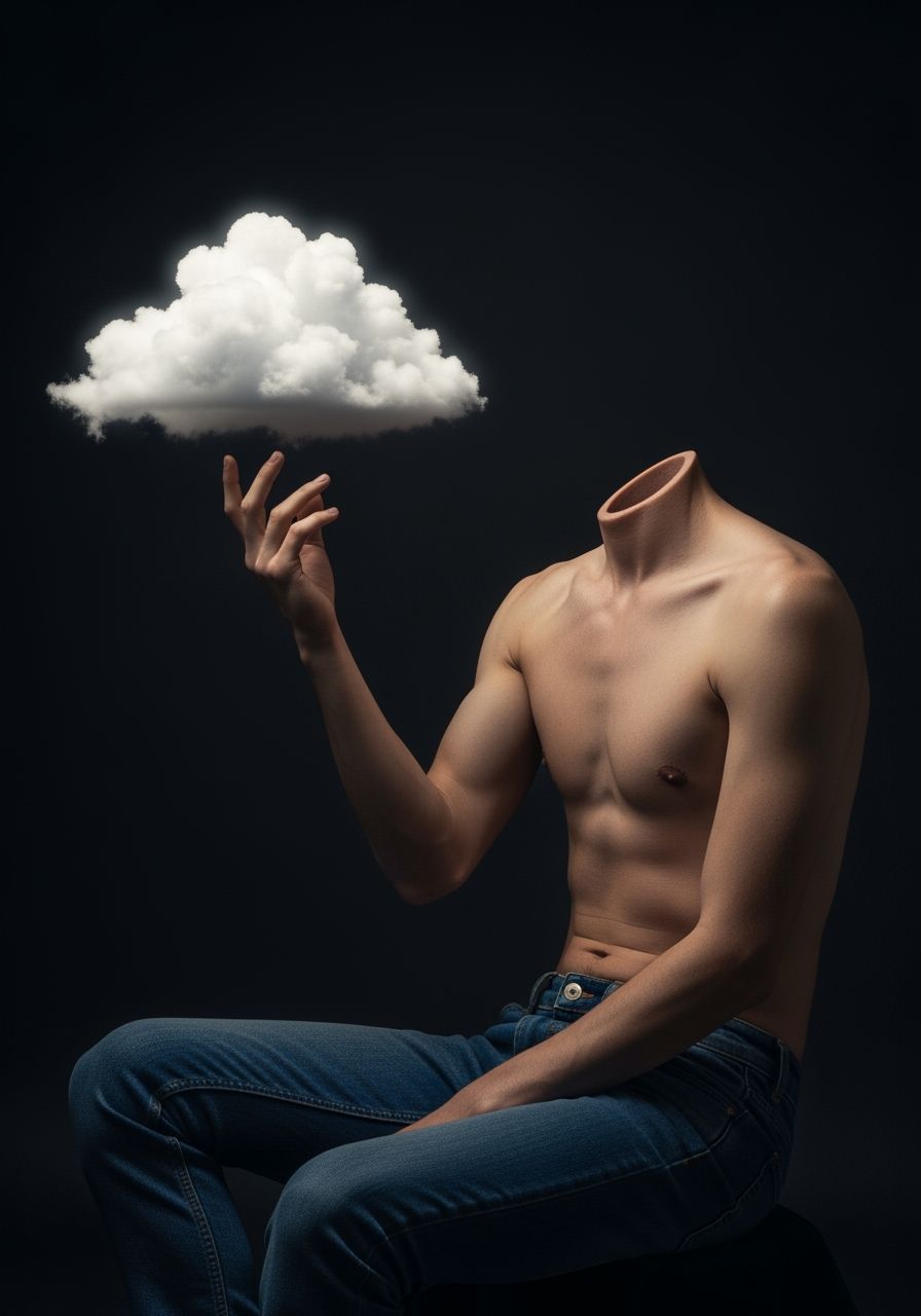 Headless Man Holding Cloud in Surreal Photo