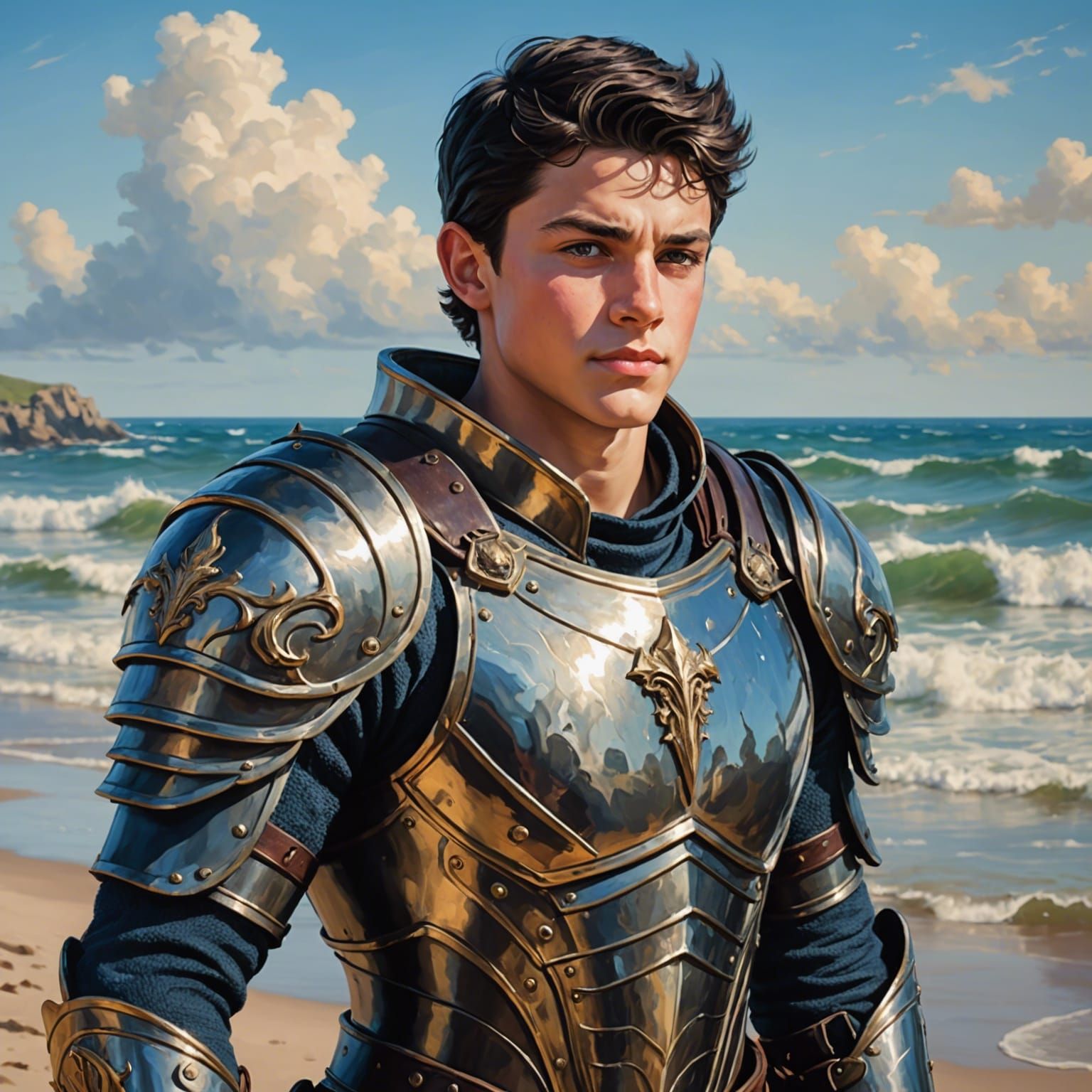 Armored Teen with Pointed Ears Gazing at Sea