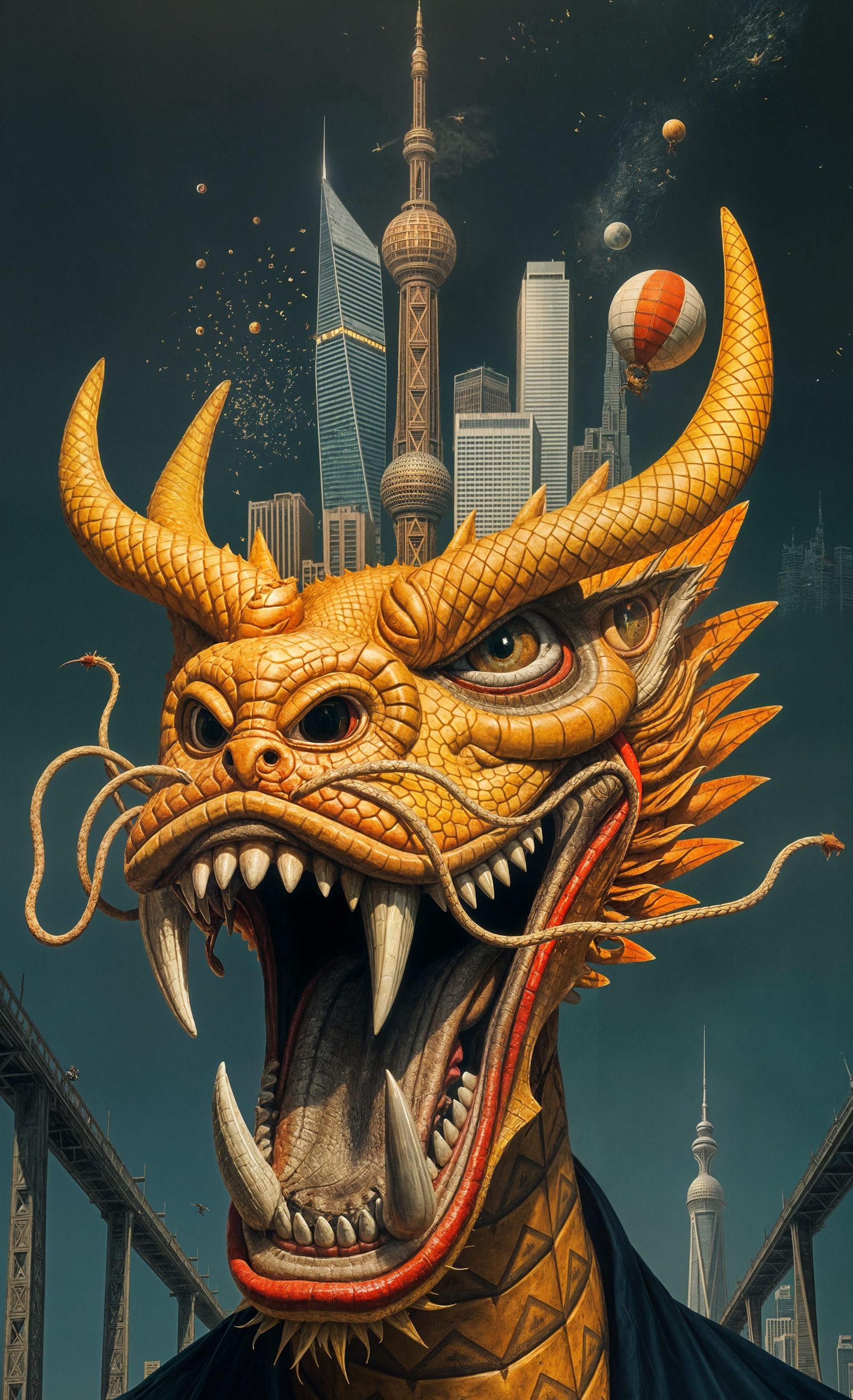 Shanghai Skyline on Dragon: Surrealist Portrait