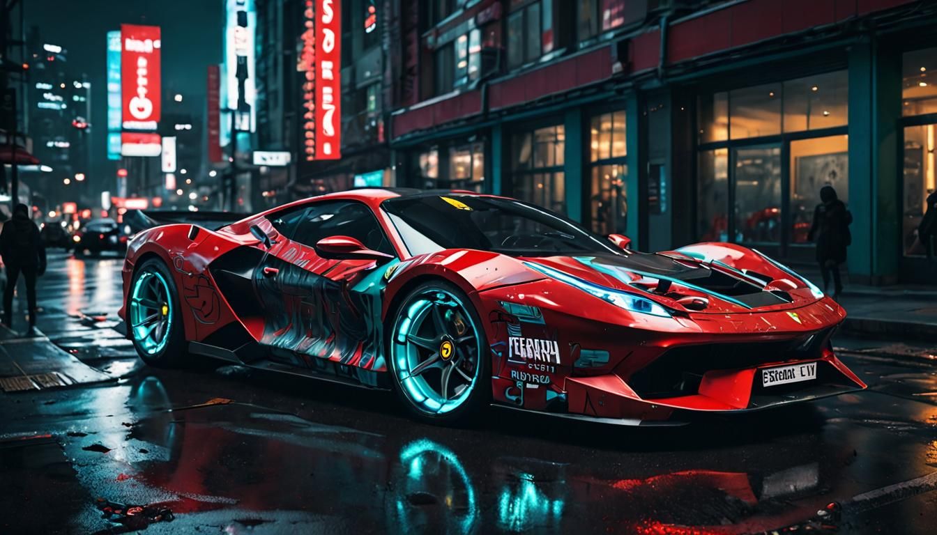 Futuristic Cyberpunk Vehicle with LED Lights in City