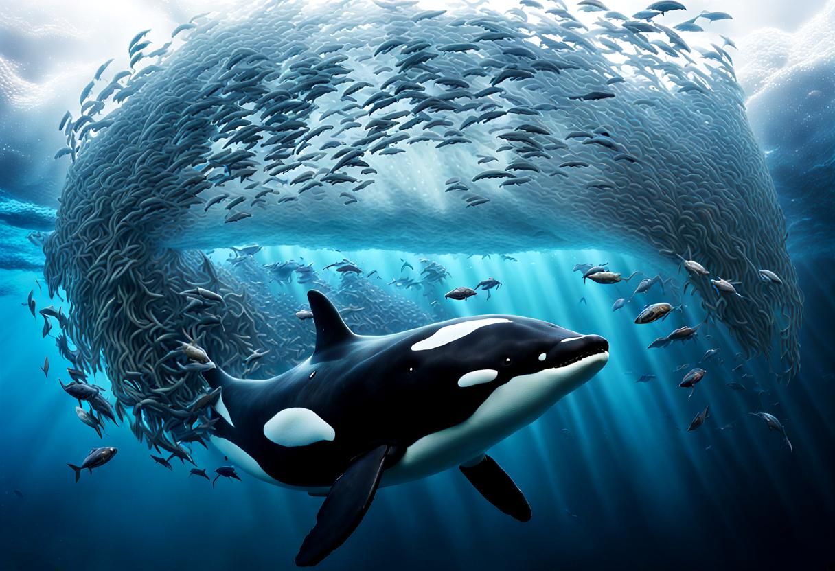 The killer whale is having breakfast.
