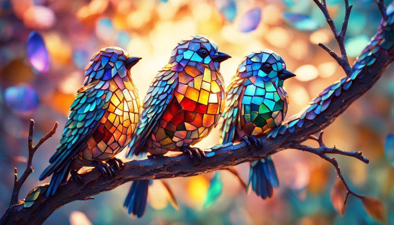 Vibrant Mosaic Glass Birds on Branch