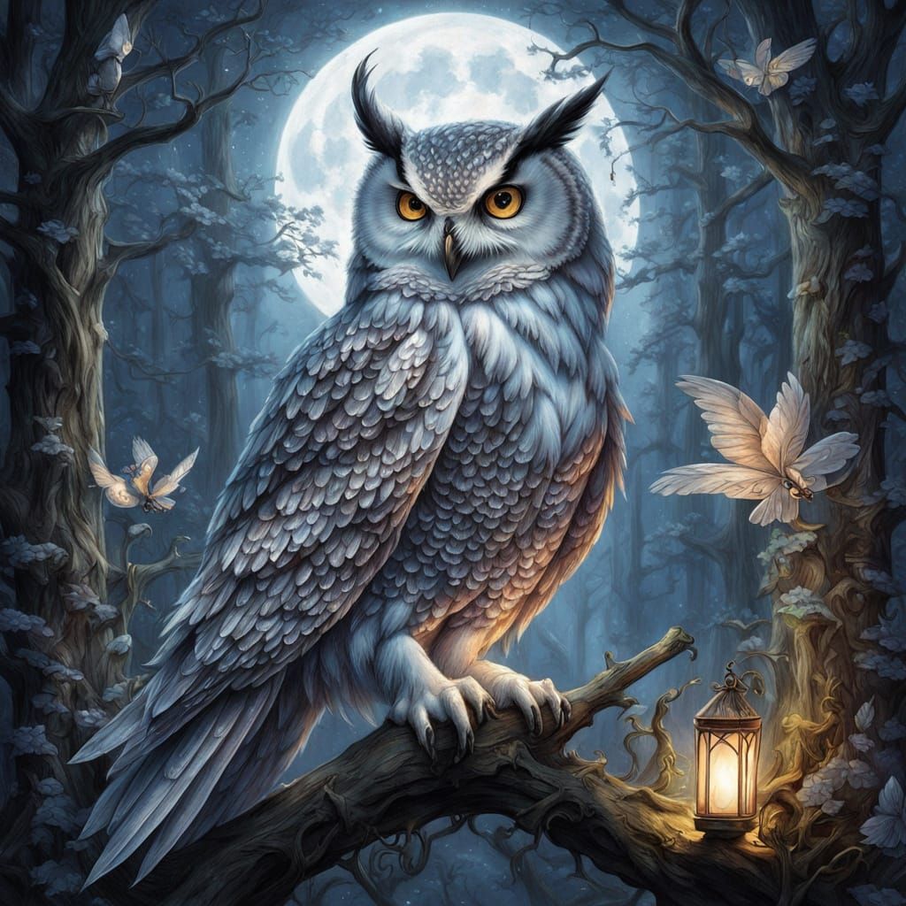 Fantasy Forest Scene with Majestic Owl and Fairy