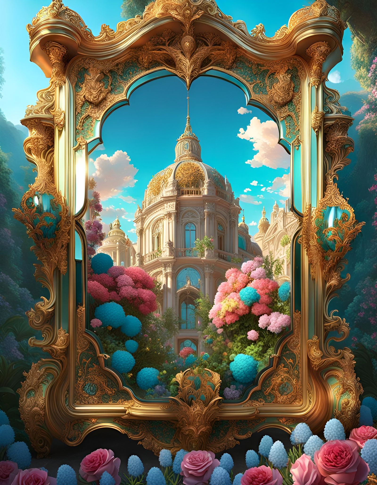 Ornate Rococo Mirror Surrounded by Flowers