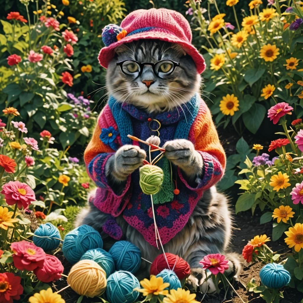 Granny Cat Knitting in a Sunny Garden