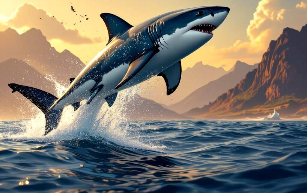 Shark Leaps Towards Falcon in Mid-Air