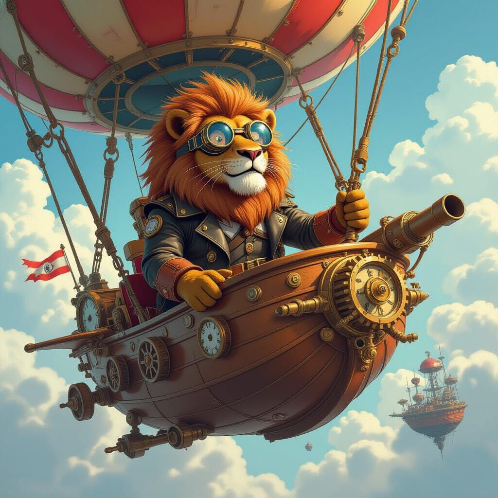 Steampunk Lion Airship Captain in a Whimsical Sky