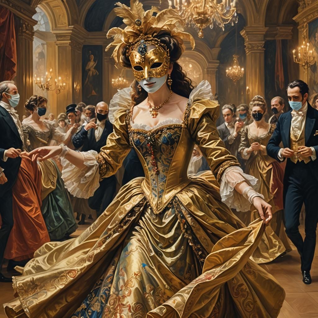 Masked Woman Dancing: Oil Painting in Baroque Style