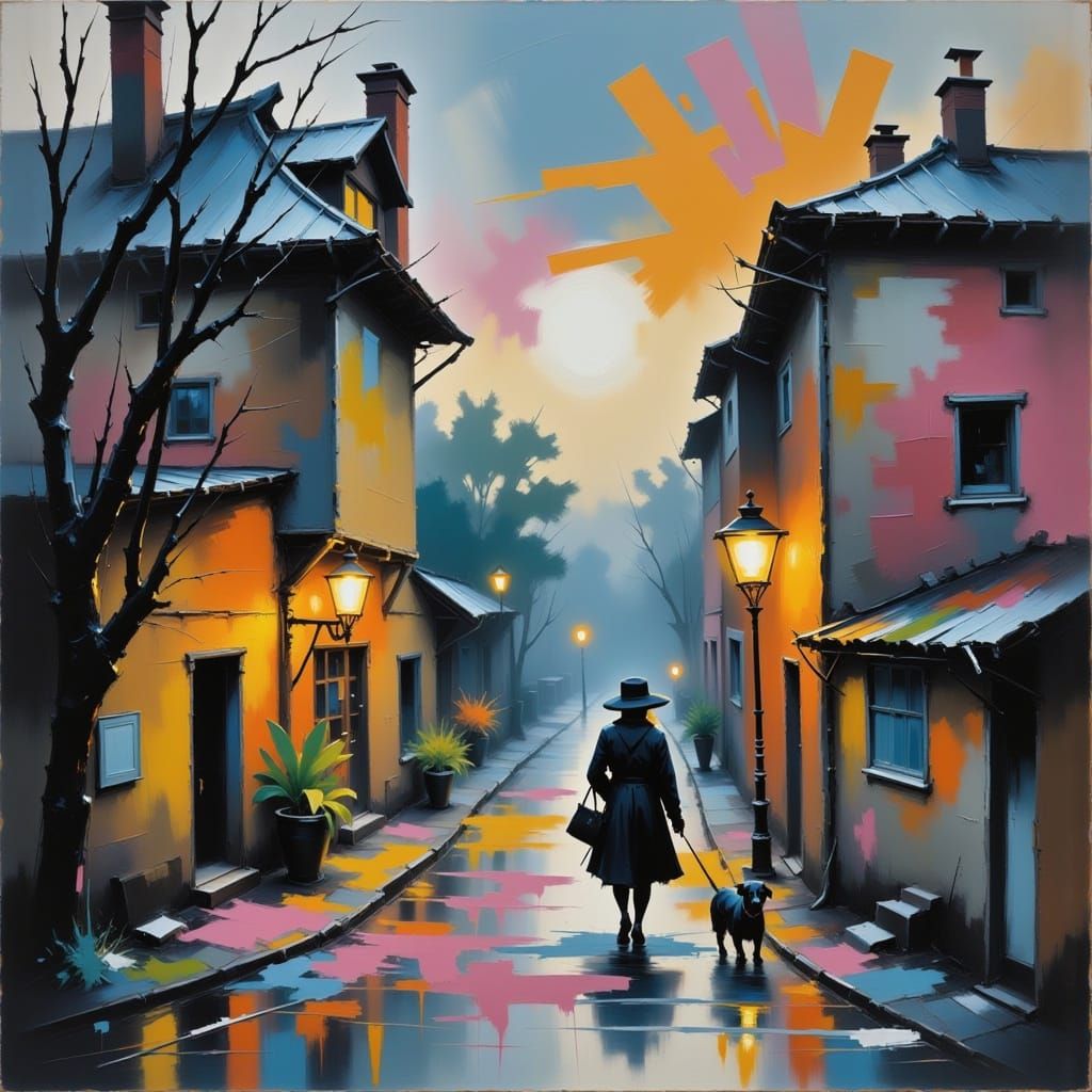 Stormy Village Evening in Abstract Impressionist Style