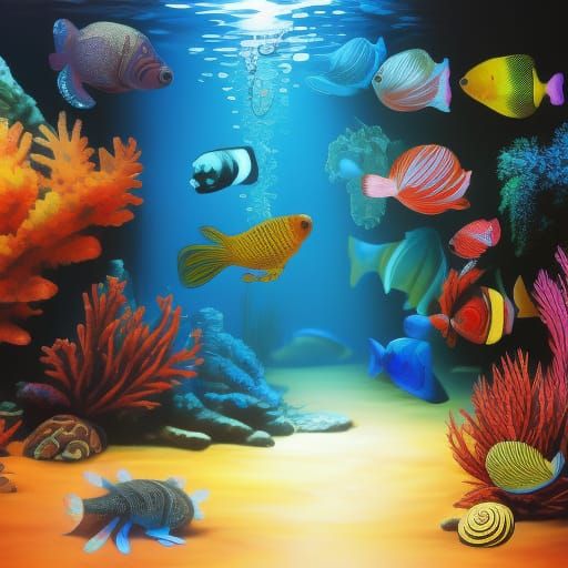 Polychromatic Tropical Fish Aquarium in Graffiti Art Style