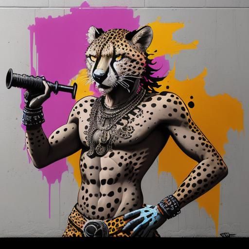 Aztec Cheetah Warrior in Graffiti Street Art